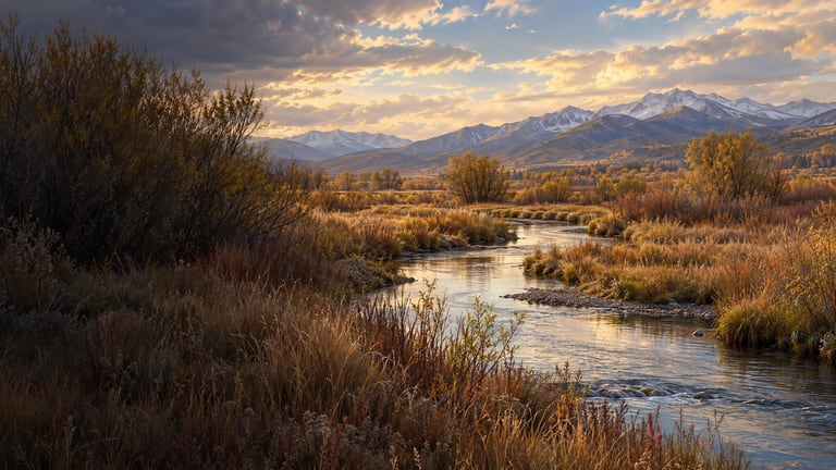 An interpretive illustration of an autumn creek at Swaner Preserve, with willow-lined banks, golden grasses and distant mountains beneath soft light.
