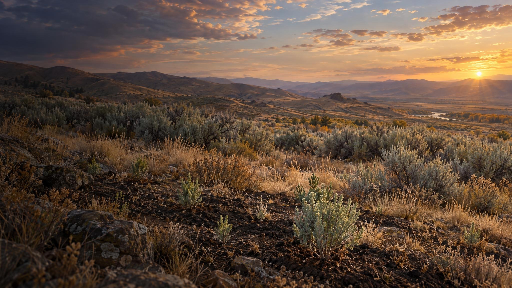 Fine-art illustration of young sagebrush on dark earth, with silver-green shrubs and softly lit southwestern Idaho foothills beyond.