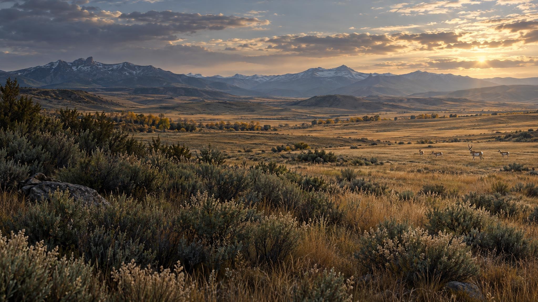 Illustration of pronghorn in a broad Wyoming sagebrush landscape, with golden grassland, distant mountains and a shadowed foreground on the left.