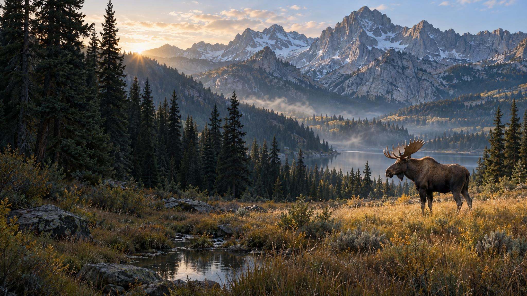 Fine-art illustration of a moose in a mountain meadow beneath rugged Wasatch-inspired peaks, with shaded conifers on the left and soft morning light.