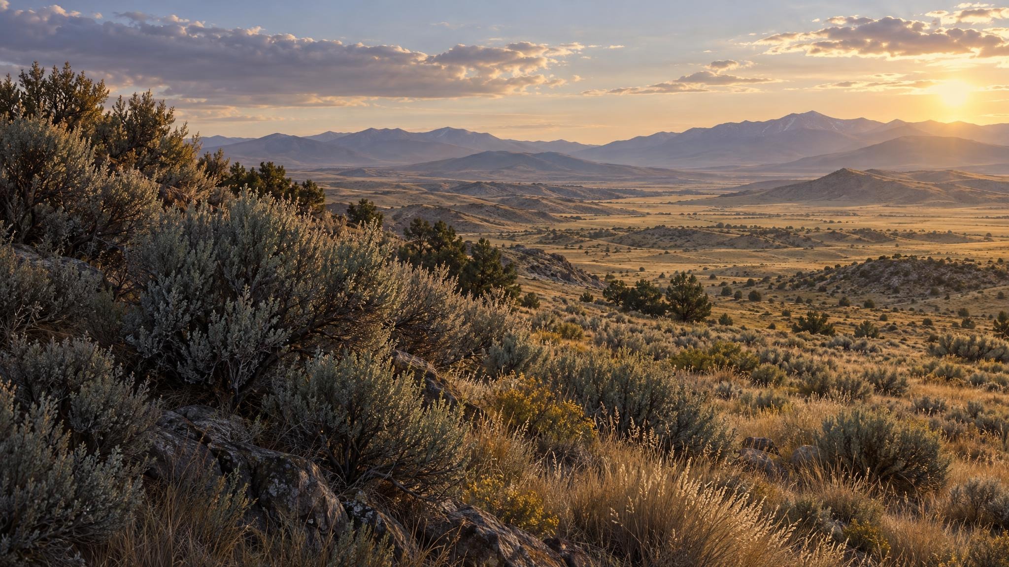 Fine-art illustration of sagebrush and tawny grasses across a broad Utah basin, with shaded foreground on the left and softly lit distant mountains.