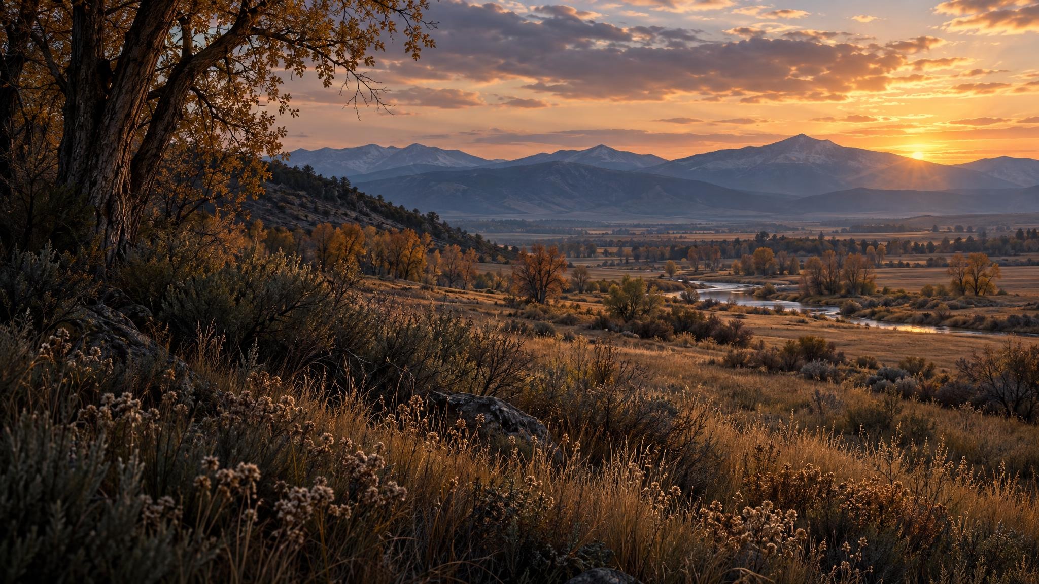 Fine-art illustration imagining a southeastern Idaho valley with autumn grasses, scattered trees, distant mountains, and soft evening light; not a documentary view of Wuda Ogwa.