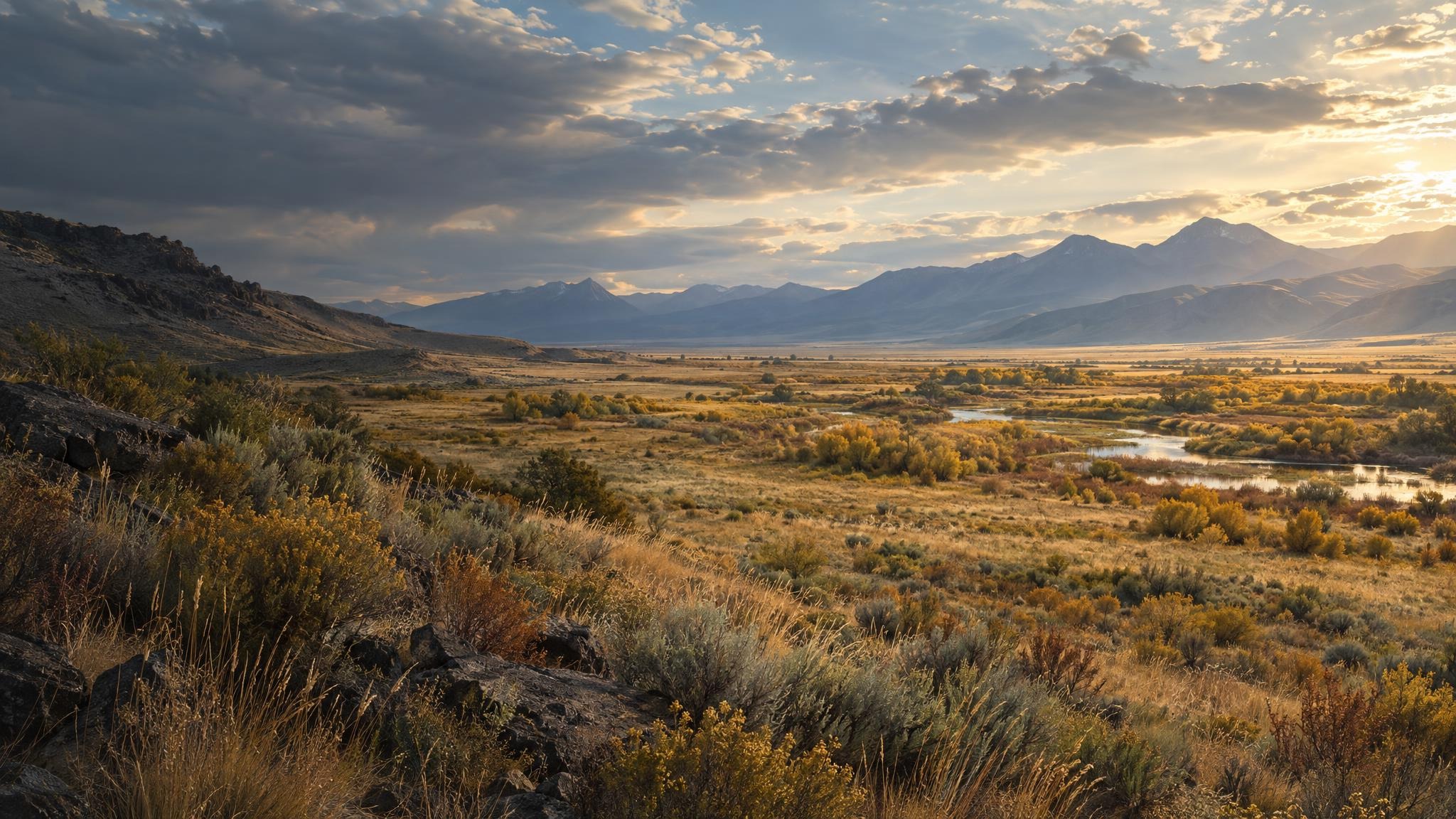 Interpretive illustration of a southeastern Idaho valley with grasses, shrubs, distant mountains, and soft autumn light, with deeper shadow on the left.
